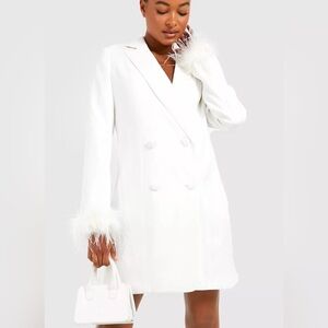 White blazer dress with feather sleeves